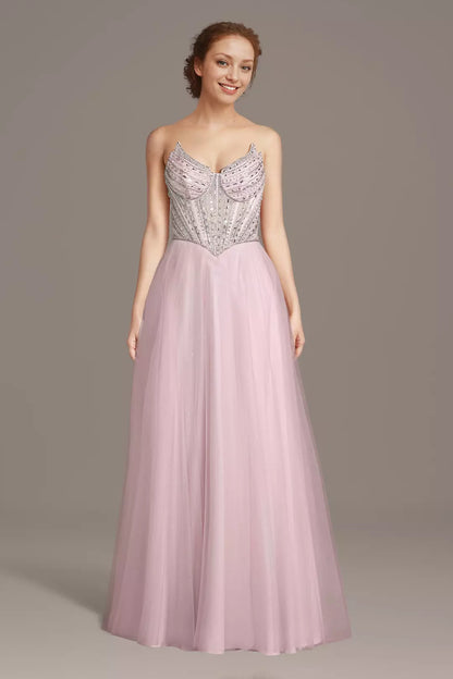 Strapless Beaded Corset Glitter Tulle A-Line Long Prom Dresses