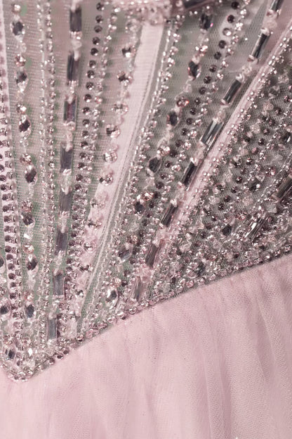 Strapless Beaded Corset Glitter Tulle A-Line Long Prom Dresses