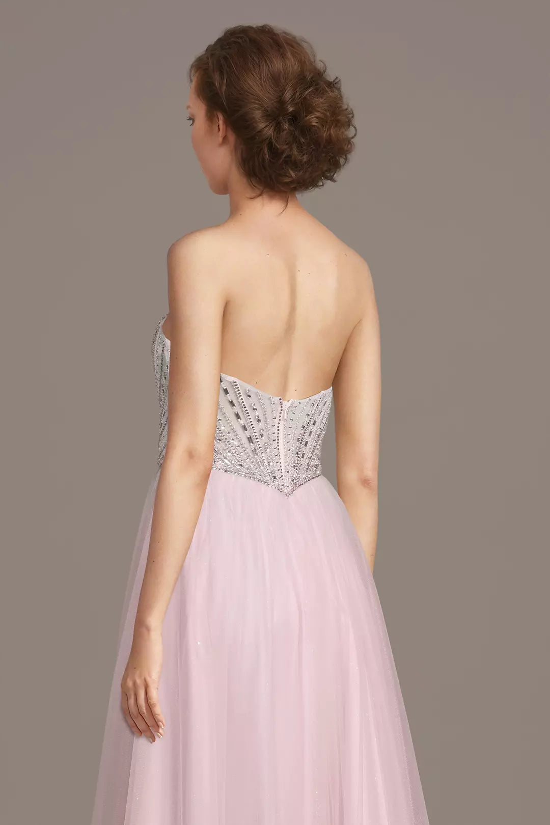 Strapless Beaded Corset Glitter Tulle A-Line Long Prom Dresses
