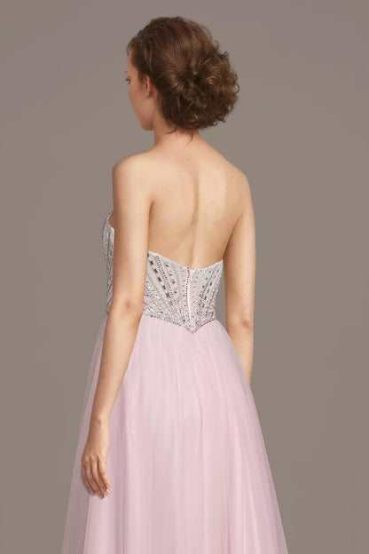 Strapless Beaded Corset Glitter Tulle A-Line Long Prom Dresses