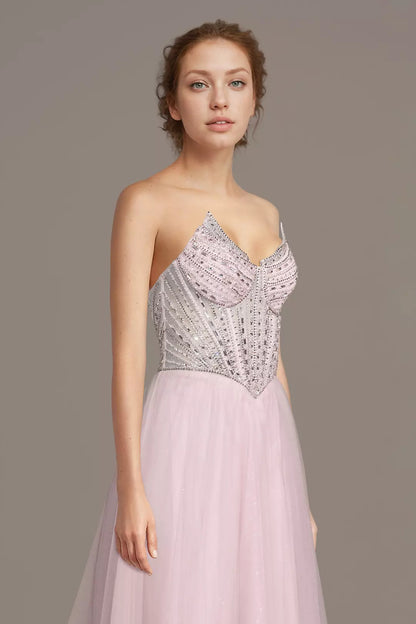 Strapless Beaded Corset Glitter Tulle A-Line Long Prom Dresses