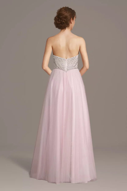 Strapless Beaded Corset Glitter Tulle A-Line Long Prom Dresses