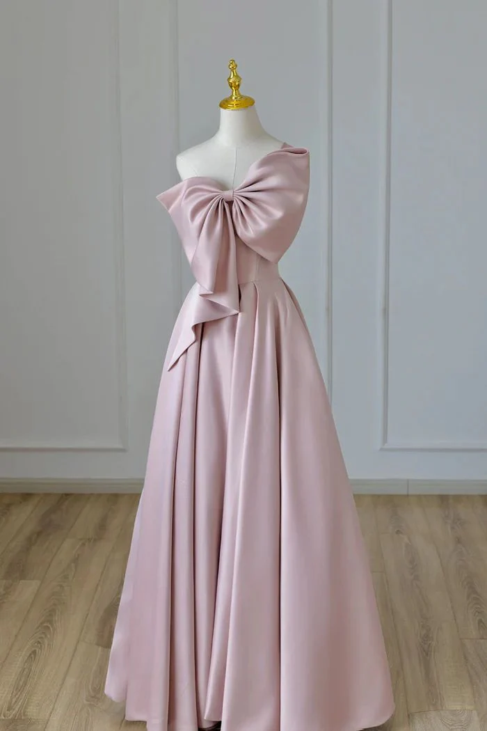 Lustrous Satin A-Line Strapless Bow-Detail Floor-Length Prom Dress for Women