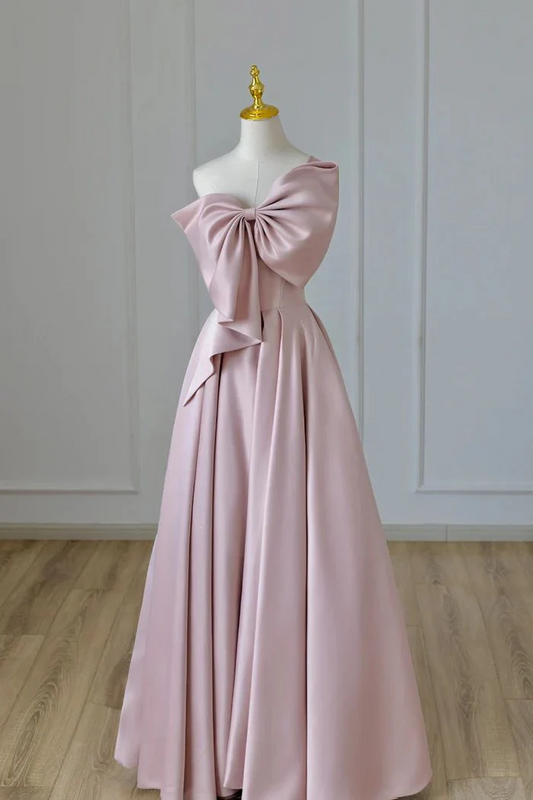 Strapless Bow-Detail Floor Length Satin A-Line Prom Dresses