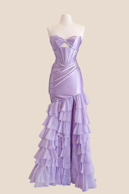 Strapless Bow Bustier Corset Ruched Mermaid High Slit Tiered Ruffle Floor Length Prom Dress