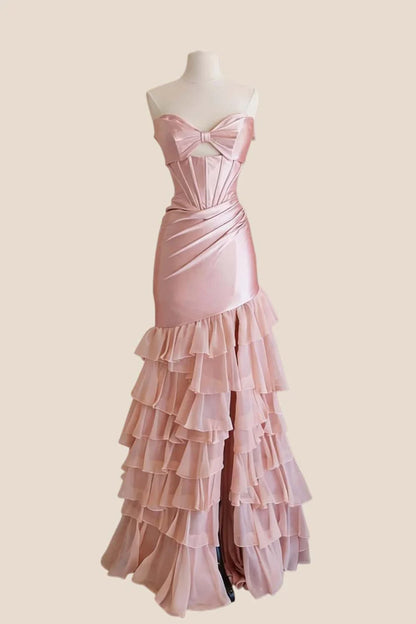 Strapless Bow Bustier Corset Ruched Mermaid High Slit Tiered Ruffle Floor Length Prom Dress