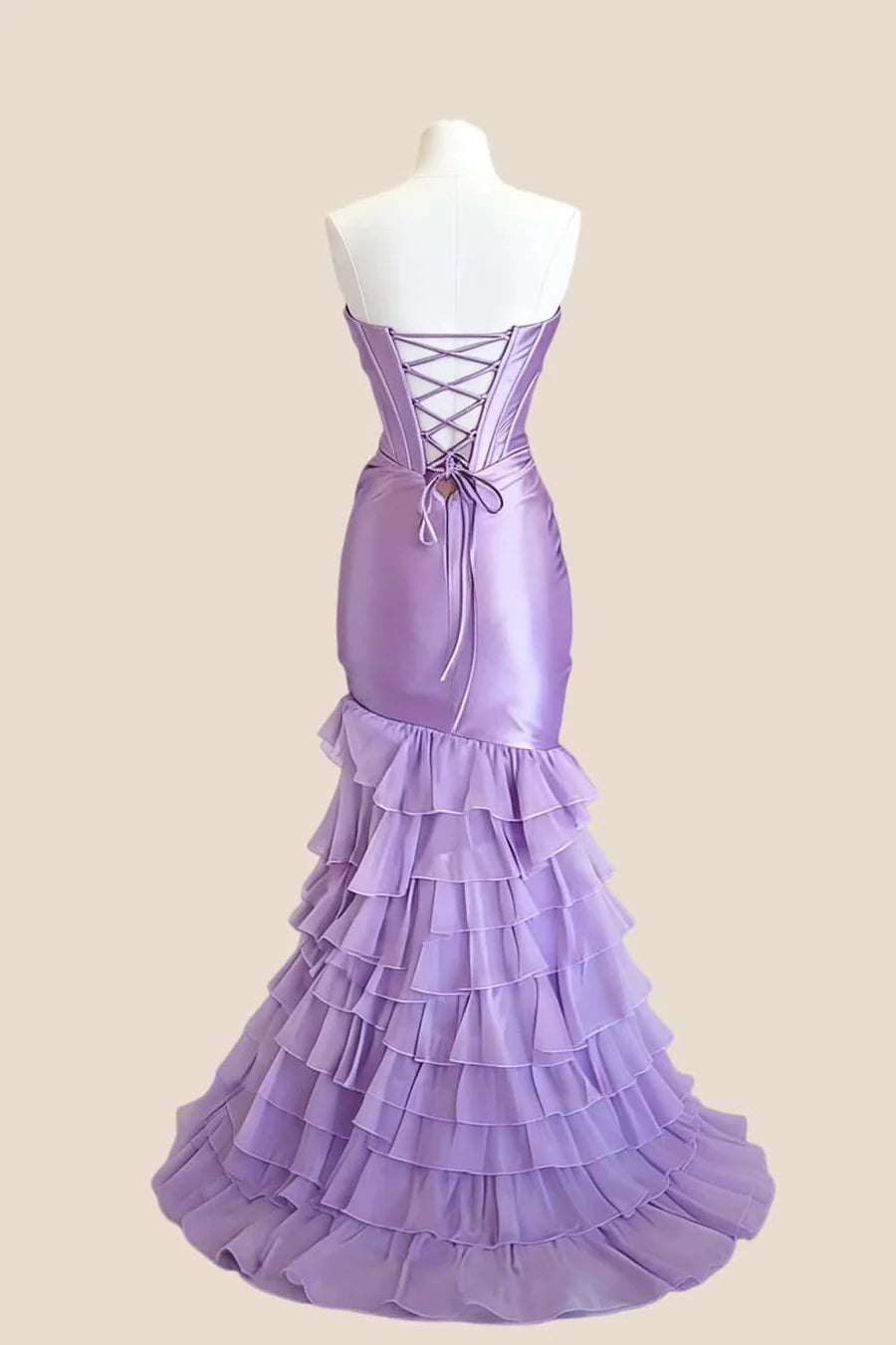 Strapless Bow Bustier Corset Ruched Mermaid High Slit Tiered Ruffle Floor Length Prom Dress