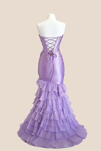 Strapless Bow Bustier Corset Ruched Mermaid High Slit Tiered Ruffle Floor Length Prom Dress