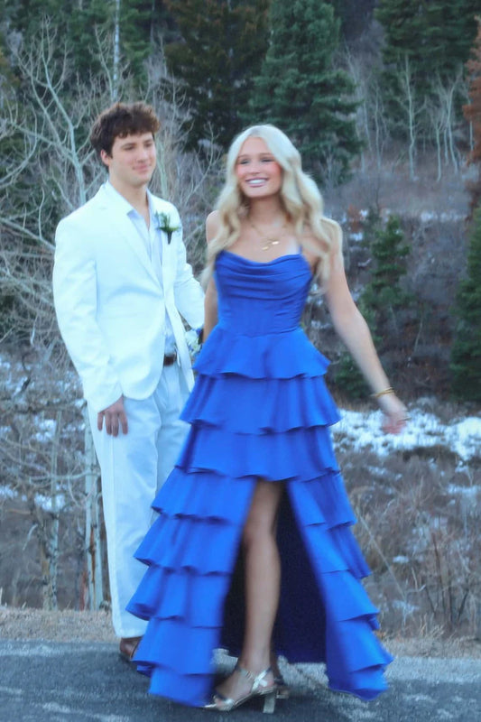 Strapless Cowl Neck Corset Lace-Up Back Tiered Ruffle Slit Floor Length Prom Dress