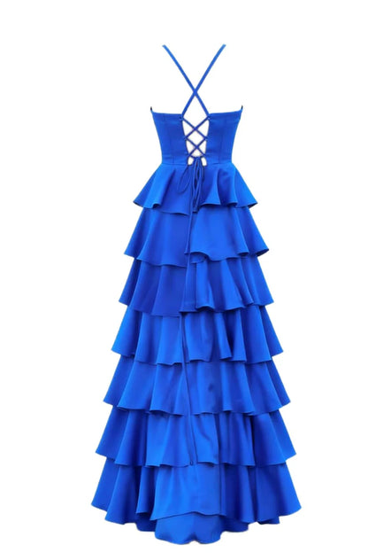 Elegant Strapless Cowl Neck Corset Tiered Ruffle Slit Floor Length Prom Dress