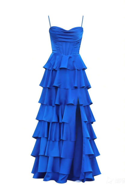 Elegant Strapless Cowl Neck Corset Tiered Ruffle Slit Floor Length Prom Dress