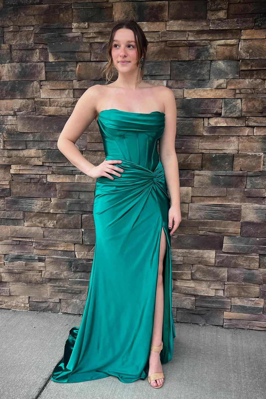 Strapless Draped Corset Ruched Satin Slit Lace-Up Back Mermaid Floor Length Prom Dress