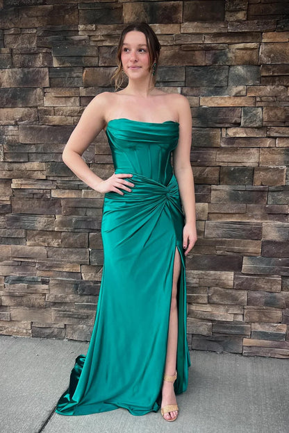 Strapless Draped Corset Ruched Satin Slit Lace-Up Back Mermaid Floor Length Prom Dress