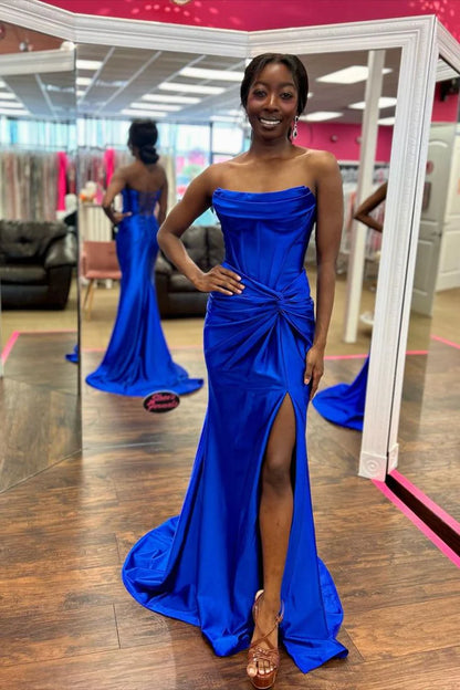 Strapless Draped Corset Ruched Satin Slit Lace-Up Back Mermaid Floor Length Prom Dress