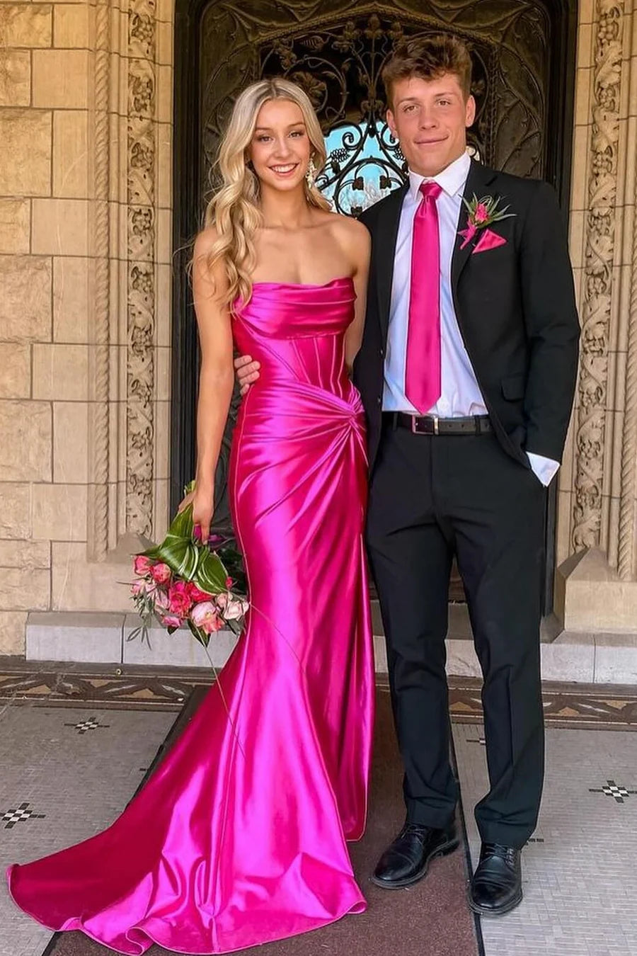 Strapless Draped Corset Ruched Satin Slit Lace-Up Back Mermaid Floor Length Prom Dress