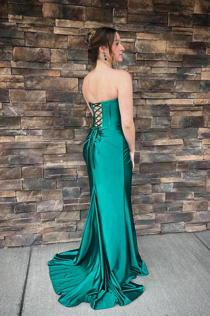 Strapless Draped Corset Ruched Satin Slit Lace-Up Back Mermaid Floor Length Prom Dress