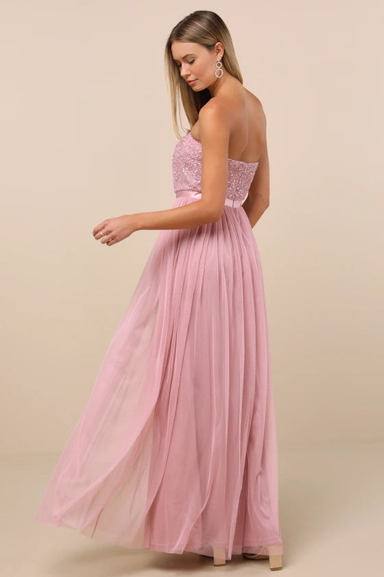 Strapless Evening Dresses with Beaded Bodice, Satin Waist Sash and Flowing Tulle Skirt Formal Gown