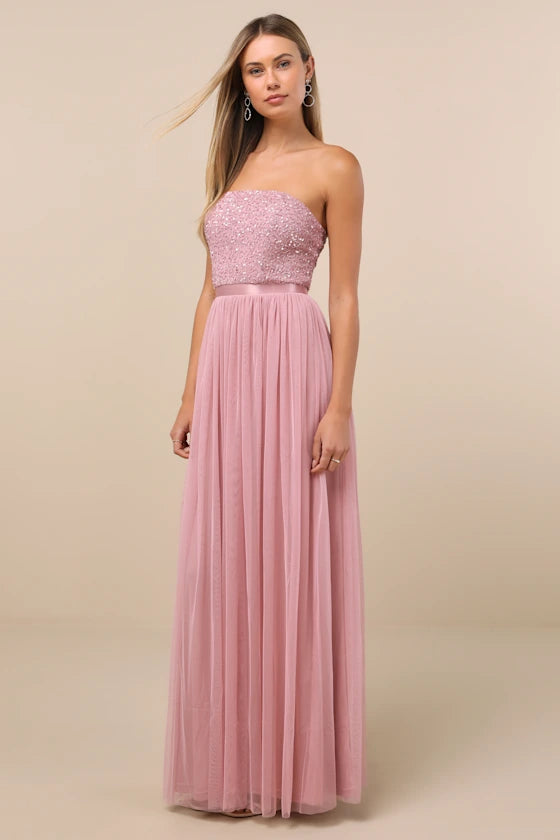 Strapless Evening Dresses with Beaded Bodice, Satin Waist Sash and Flowing Tulle Skirt Formal Gown