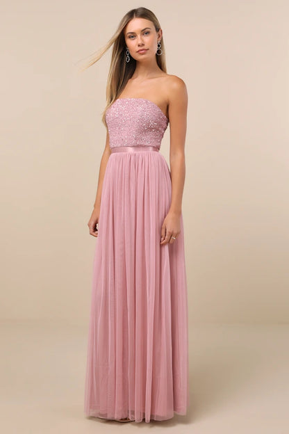 Strapless Evening Dresses with Beaded Bodice, Satin Waist Sash and Flowing Tulle Skirt Formal Gown