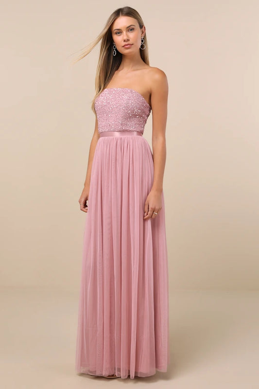 Strapless Evening Dresses with Beaded Bodice, Satin Waist Sash and Flowing Tulle Skirt Formal Gown