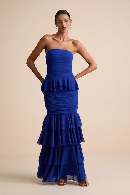 Strapless Evening Dresses with Lace-Up Back, Ruched Waist and Tiered Ruffle Skirt Formal Gown