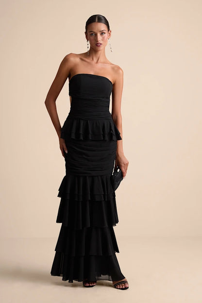 Strapless Evening Dresses with Lace-Up Back, Ruched Waist and Tiered Ruffle Skirt Formal Gown
