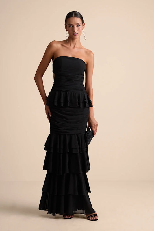 Strapless Evening Dresses with Lace-Up Back, Ruched Waist and Tiered Ruffle Skirt Formal Gown