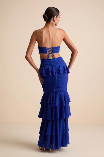 Strapless Evening Dresses with Lace-Up Back, Ruched Waist and Tiered Ruffle Skirt Formal Gown