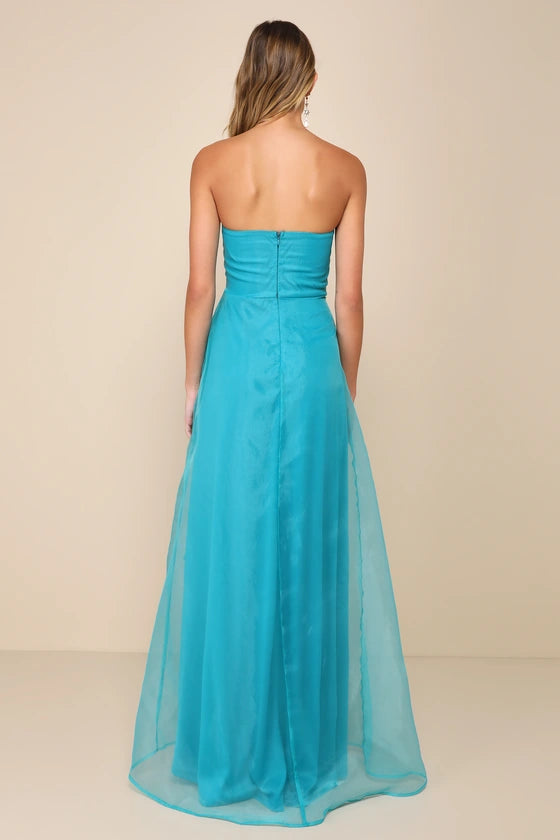 Strapless Evening Dresses with Organza Ruffle Detail, High Slit and Flowing Chiffon Skirt Formal Gown