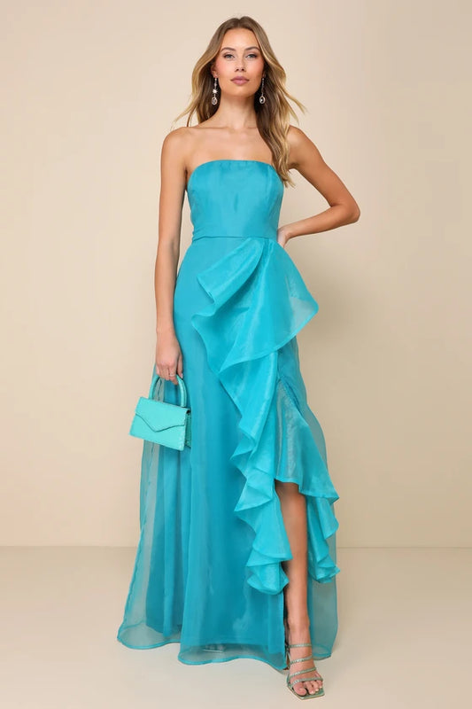 Strapless Evening Dresses with Organza Ruffle Detail, High Slit and Flowing Chiffon Skirt Formal Gown
