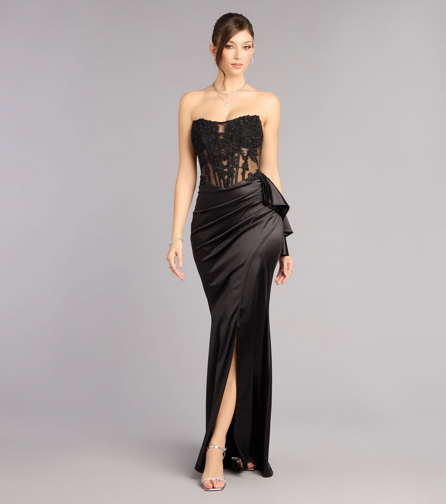 Glamorous Lace Satin Mermaid Strapless Corset High Slit Floor-Length Evening Dress