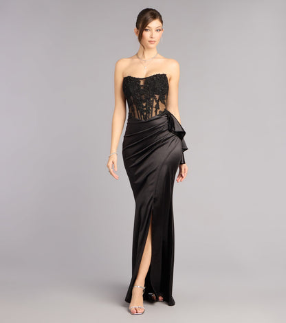 Glamorous Lace Satin Mermaid Strapless Corset High Slit Floor-Length Evening Dress