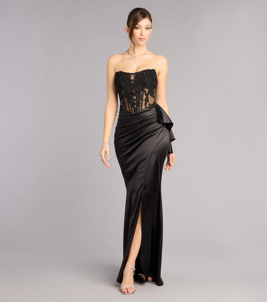 Strapless Lace Corset Satin Mermaid High Slit Ruffle Floor Length Evening Dress