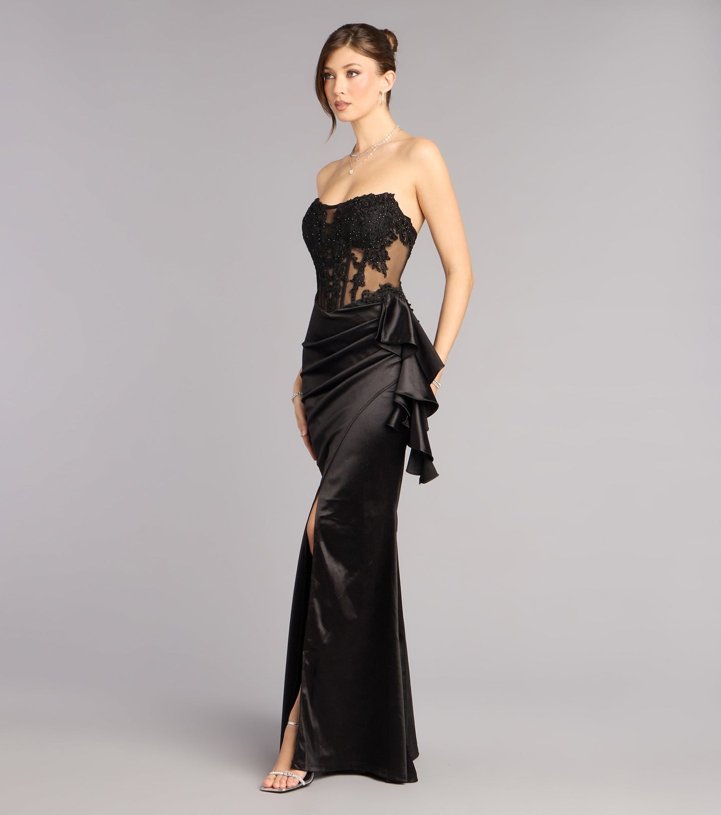 Glamorous Lace Satin Mermaid Strapless Corset High Slit Floor-Length Evening Dress