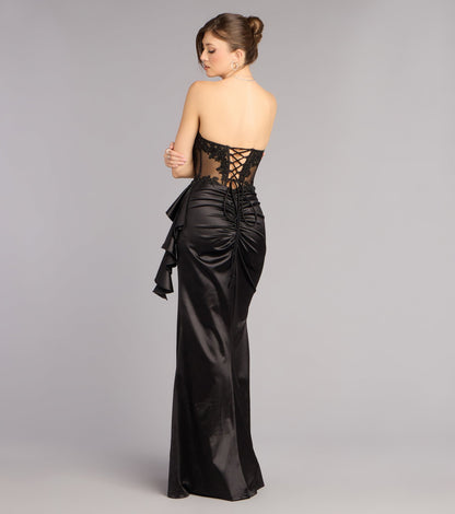Glamorous Lace Satin Mermaid Strapless Corset High Slit Floor-Length Evening Dress
