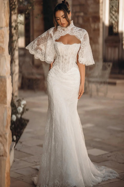 Strapless Lace Mermaid Wedding Dress Matching High Neck Flutter Sleeve Lace Cape Chapel Train