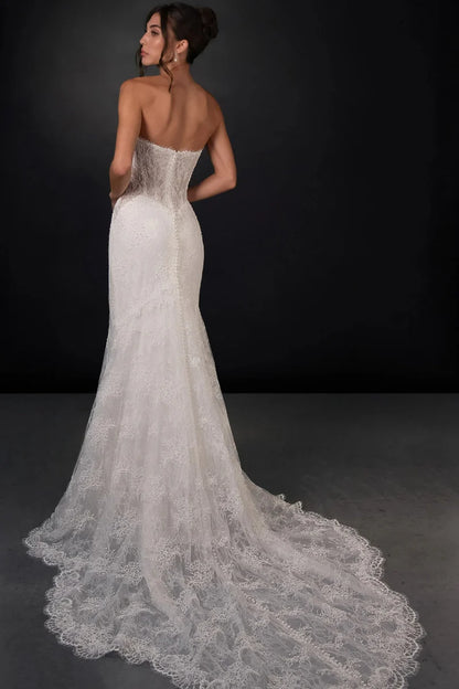 Strapless Lace Mermaid Wedding Dress Matching High Neck Flutter Sleeve Lace Cape Chapel Train