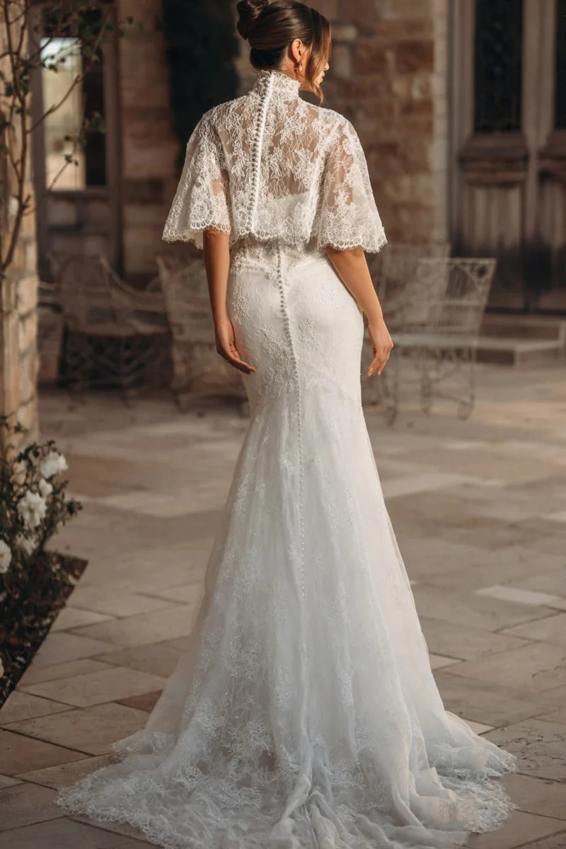 Strapless Lace Mermaid Wedding Dress Matching High Neck Flutter Sleeve Lace Cape Chapel Train