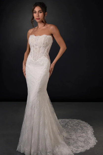Strapless Lace Mermaid Wedding Dress Matching High Neck Flutter Sleeve Lace Cape Chapel Train