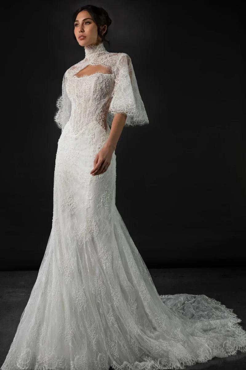 Strapless Lace Mermaid Wedding Dress Matching High Neck Flutter Sleeve Lace Cape Chapel Train