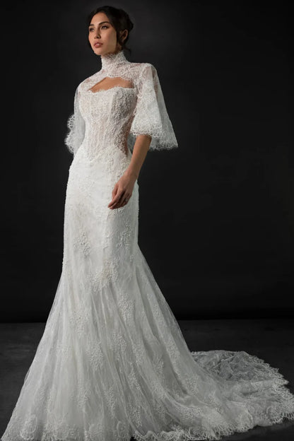 Strapless Lace Mermaid Wedding Dress Matching High Neck Flutter Sleeve Lace Cape Chapel Train