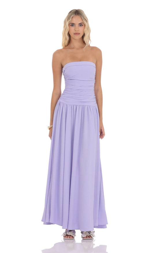 Strapless Ruched Bodice Evening Dress with A-Line Maxi Skirt