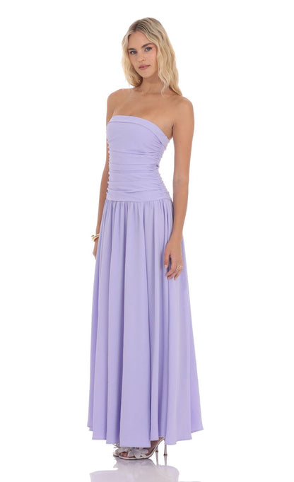 Strapless Ruched Bodice Evening Dress with A-Line Maxi Skirt