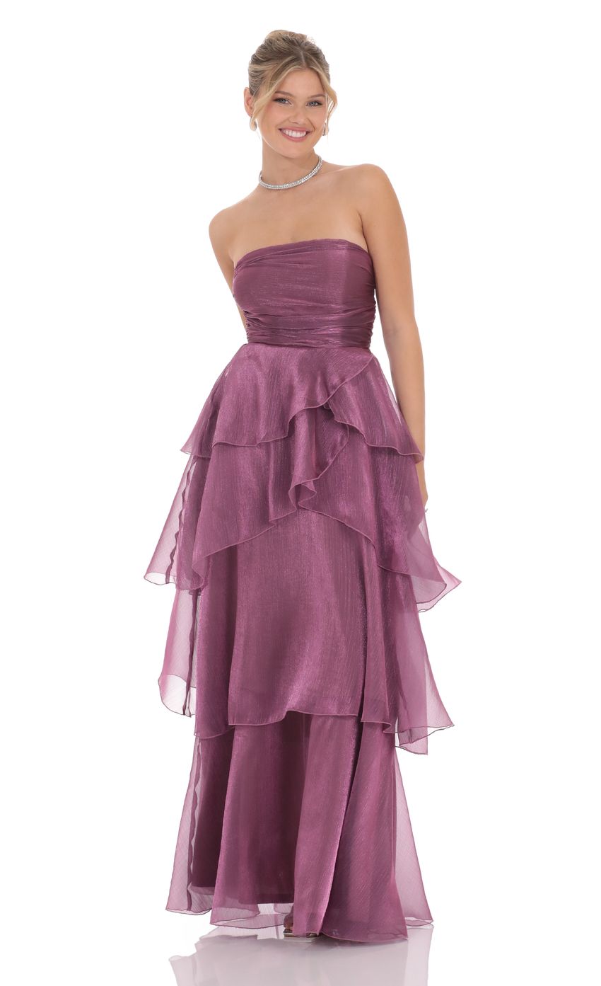 Strapless Ruched Bodice Evening Dress with Layered Ruffle Skirt & Lace-Up Back