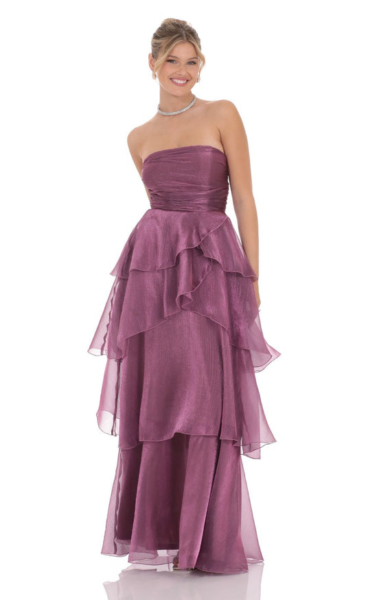 Strapless Ruched Bodice Evening Dress with Layered Ruffle Skirt & Lace-Up Back