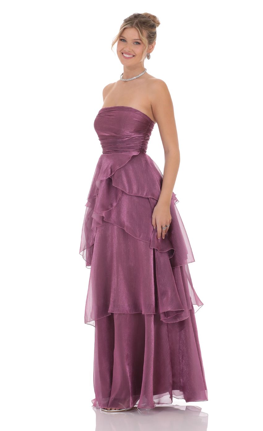 Strapless Ruched Bodice Evening Dress with Layered Ruffle Skirt & Lace-Up Back