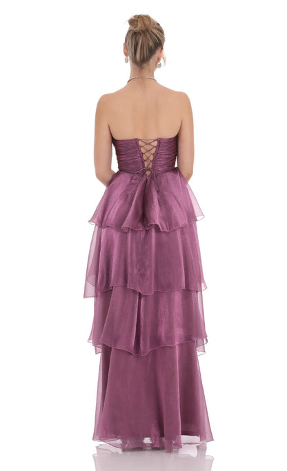 Strapless Ruched Bodice Evening Dress with Layered Ruffle Skirt & Lace-Up Back