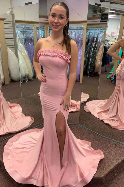 Strapless Ruffled Trim Mermaid Evening Dress with Ruched Side, High Slit, Lace-Up Back & Sweep Train