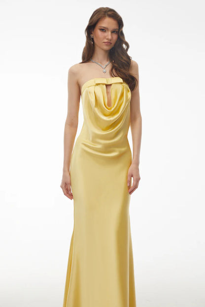 Strapless Satin Mermaid Floor Length Evening Dress with Cowl Neck, Keyhole Cutout and Bow Detail