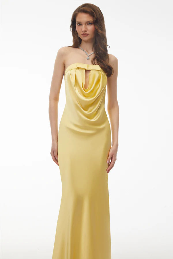 Strapless Satin Mermaid Floor Length Evening Dress with Cowl Neck, Keyhole Cutout and Bow Detail